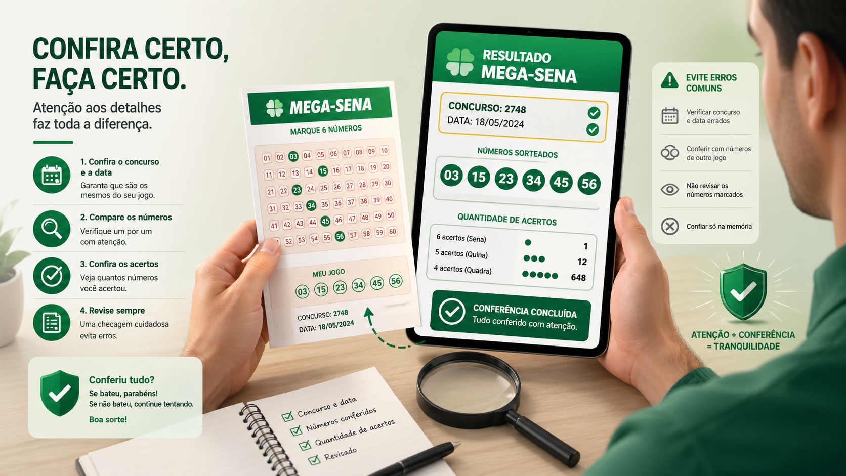 Ilustração sobre conferência correta do resultado da Mega-Sena