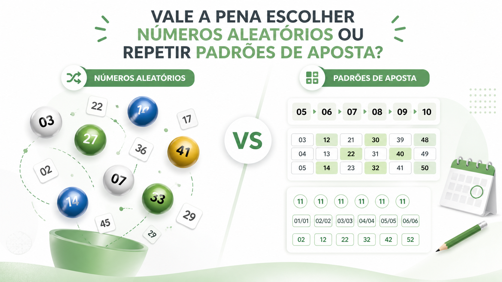 Ilustração comparando números aleatórios e padrões de aposta na Mega-Sena